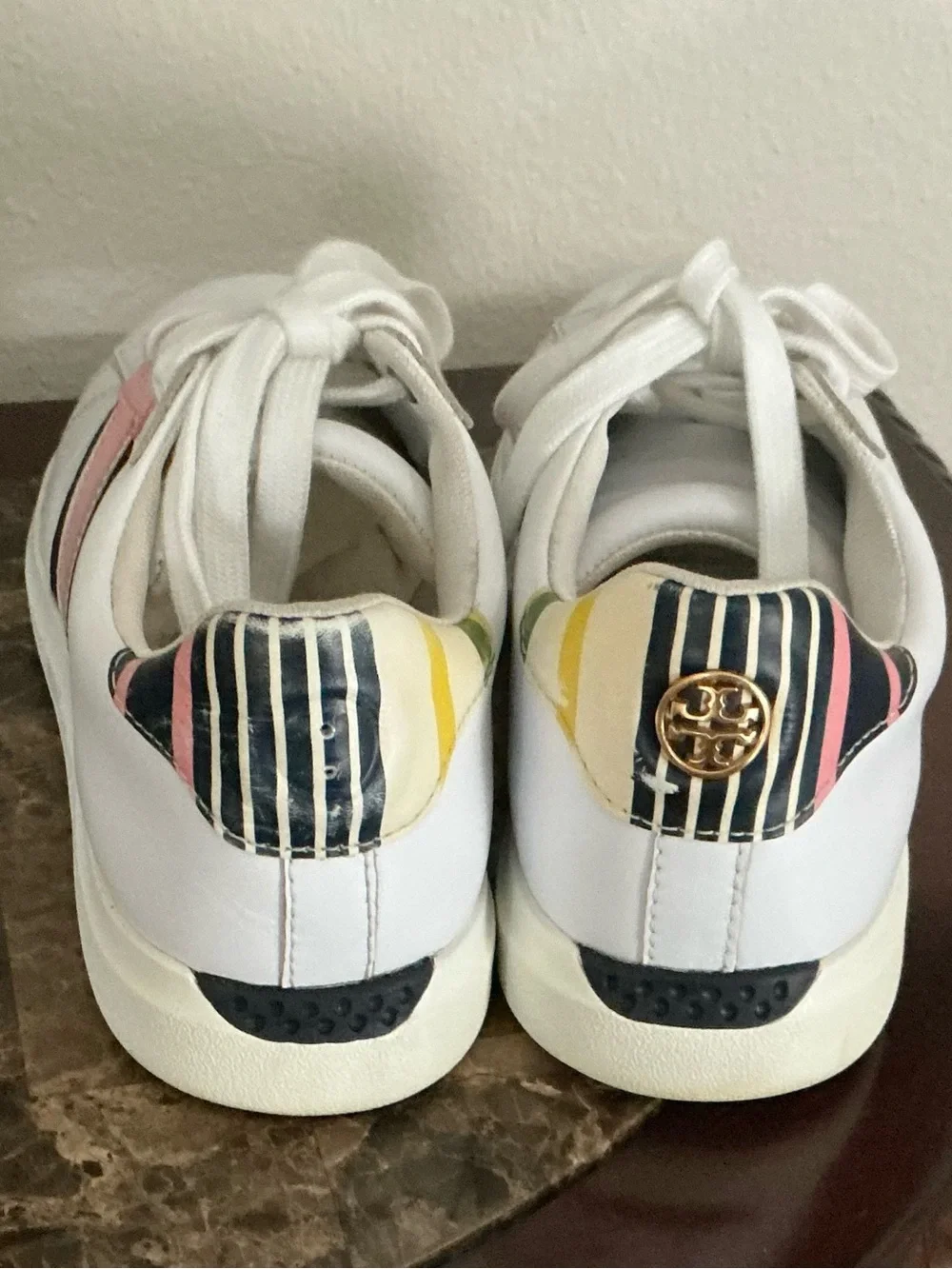 Tory Burch White Leather Sneakers with Pink Panels and Black Stripes